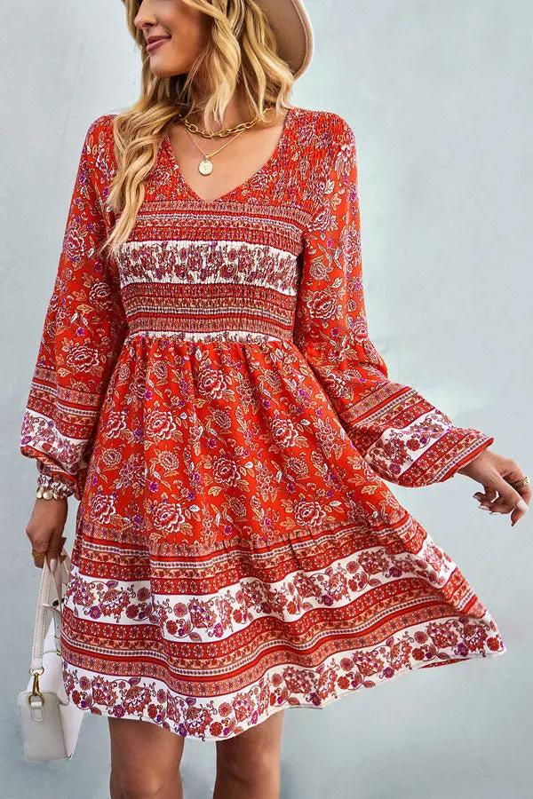 Bohemia Smocked Bust Long Sleeve Printed Dress - TARHUS