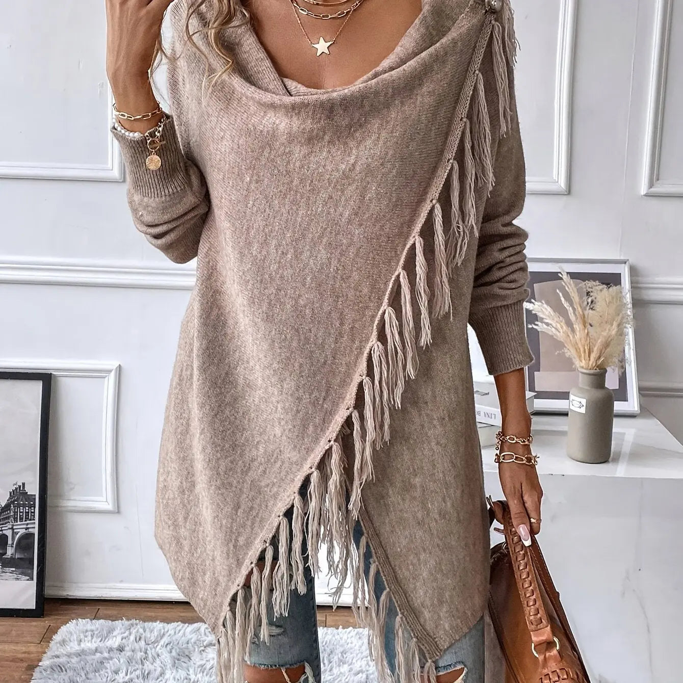Women’s Knit Cardigan Shawl with Tassel Fringe – Draped Collar for All Seasons - TARHUS