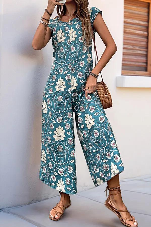Vintage Floral Print  Casual Jumpsuit - TARHUS