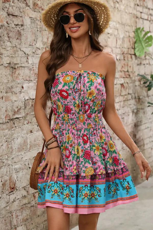 Bohemia Print Bandeau Ruffle Hem Mini Dress - TARHUS