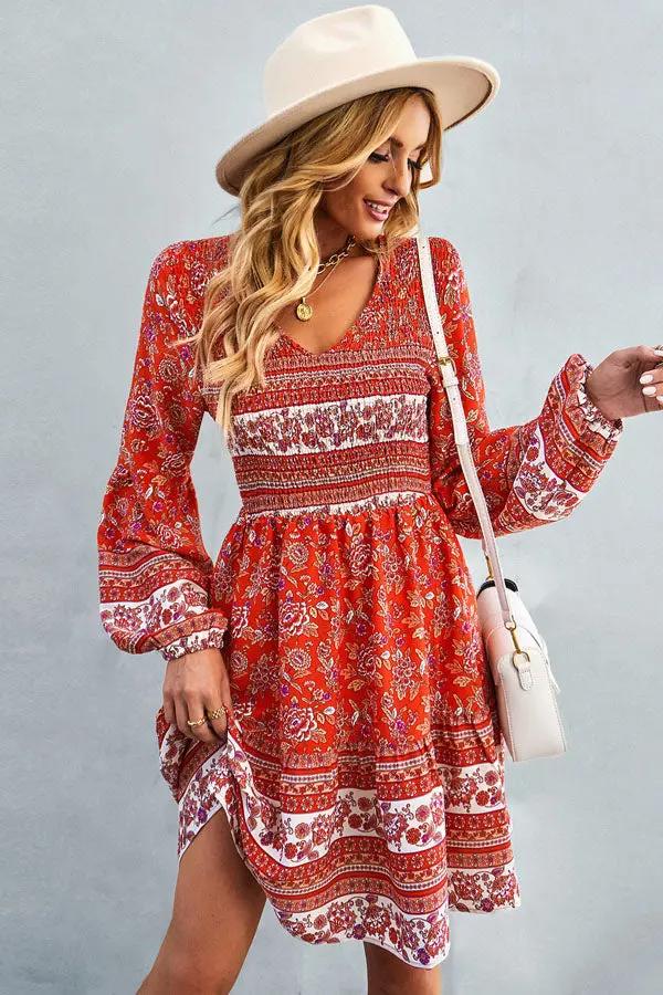 Bohemia Smocked Bust Long Sleeve Printed Dress - TARHUS