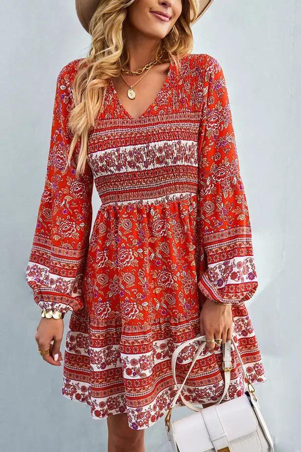 Bohemia Smocked Bust Long Sleeve Printed Dress - TARHUS