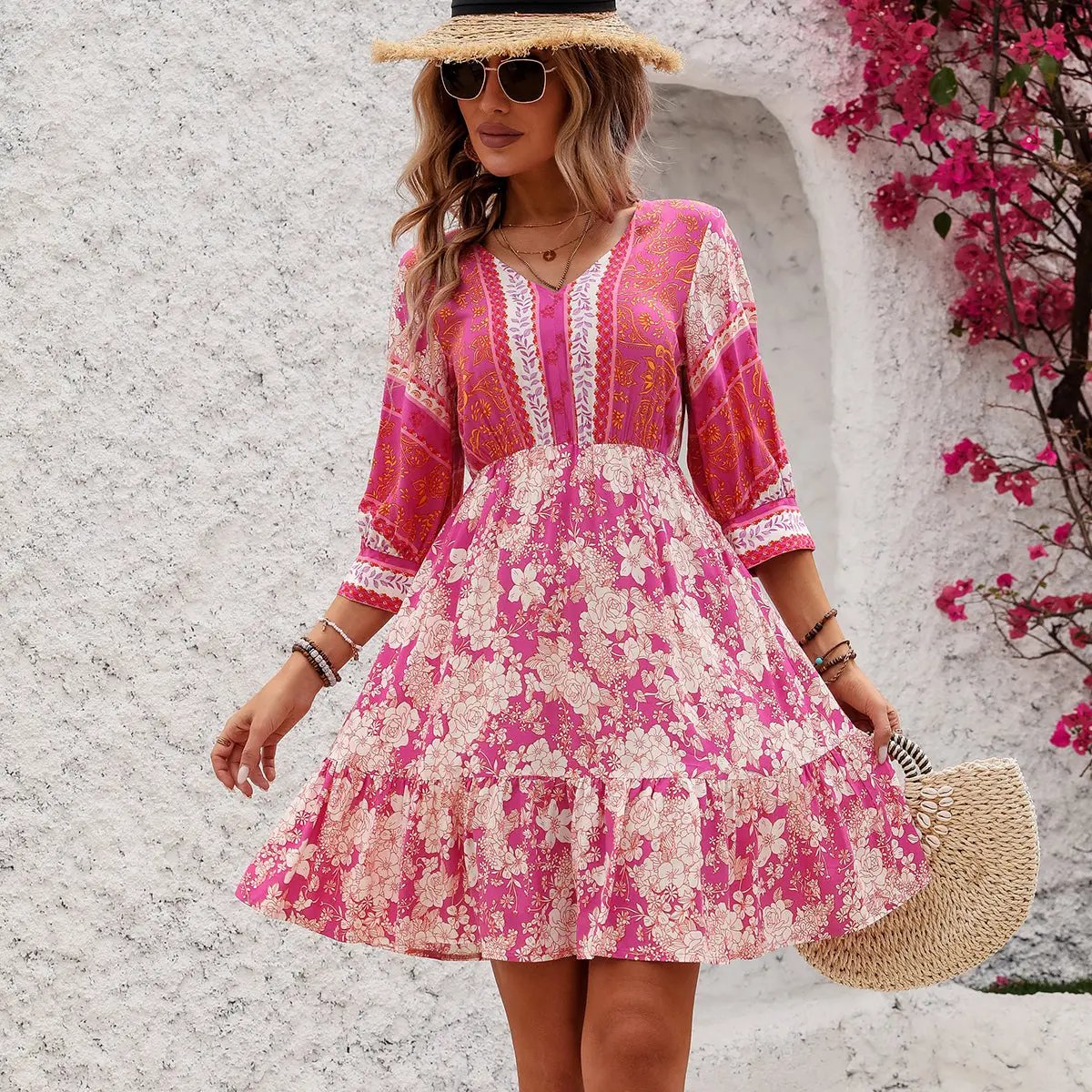 Bohemia Print V Neck Casual Mini Dress - TARHUS