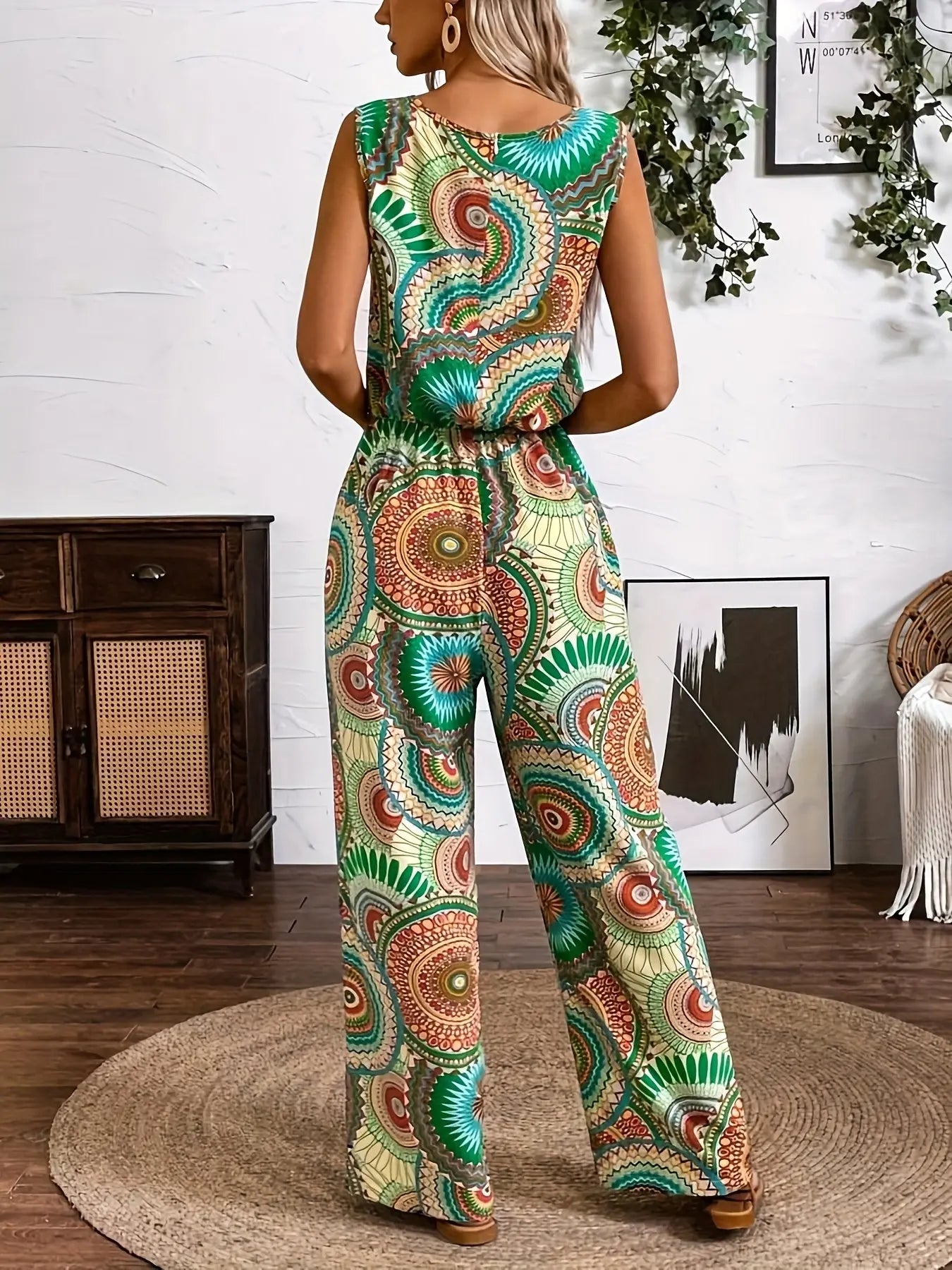 Boho Ethnic Print Jumpsuit for Women – Sleeveless, Wide-Leg, Casual Summer Outfit - TARHUS