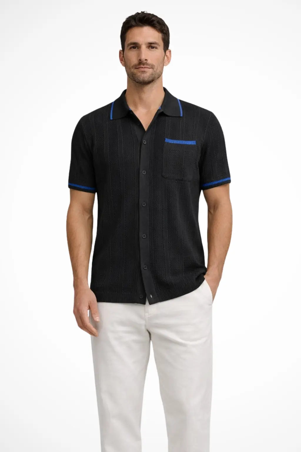 Finlay | Men Short Sleeve Camp Collar Button Front Openwork Knit Shirt with Contrast Trim TARHUS  Shirts