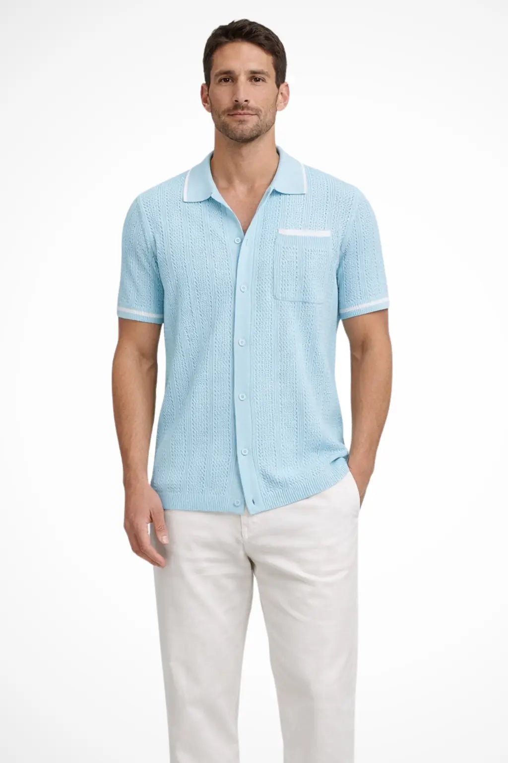Finlay | Men Short Sleeve Camp Collar Button Front Openwork Knit Shirt with Contrast Trim TARHUS  Shirts