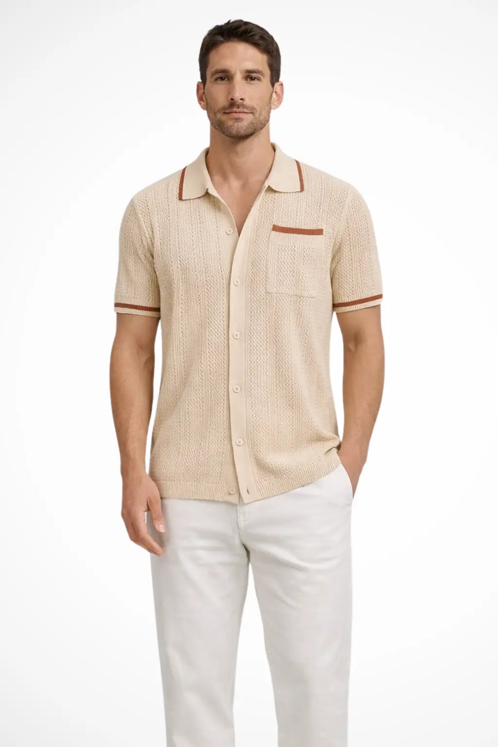 Finlay | Men Short Sleeve Camp Collar Button Front Openwork Knit Shirt with Contrast Trim TARHUS  Shirts