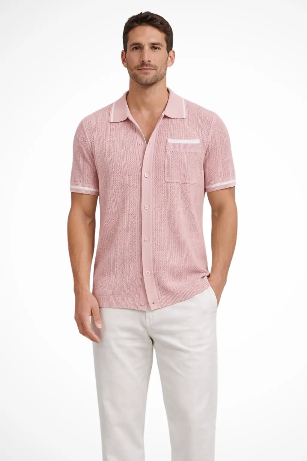Finlay | Men Short Sleeve Camp Collar Button Front Openwork Knit Shirt with Contrast Trim TARHUS  Shirts