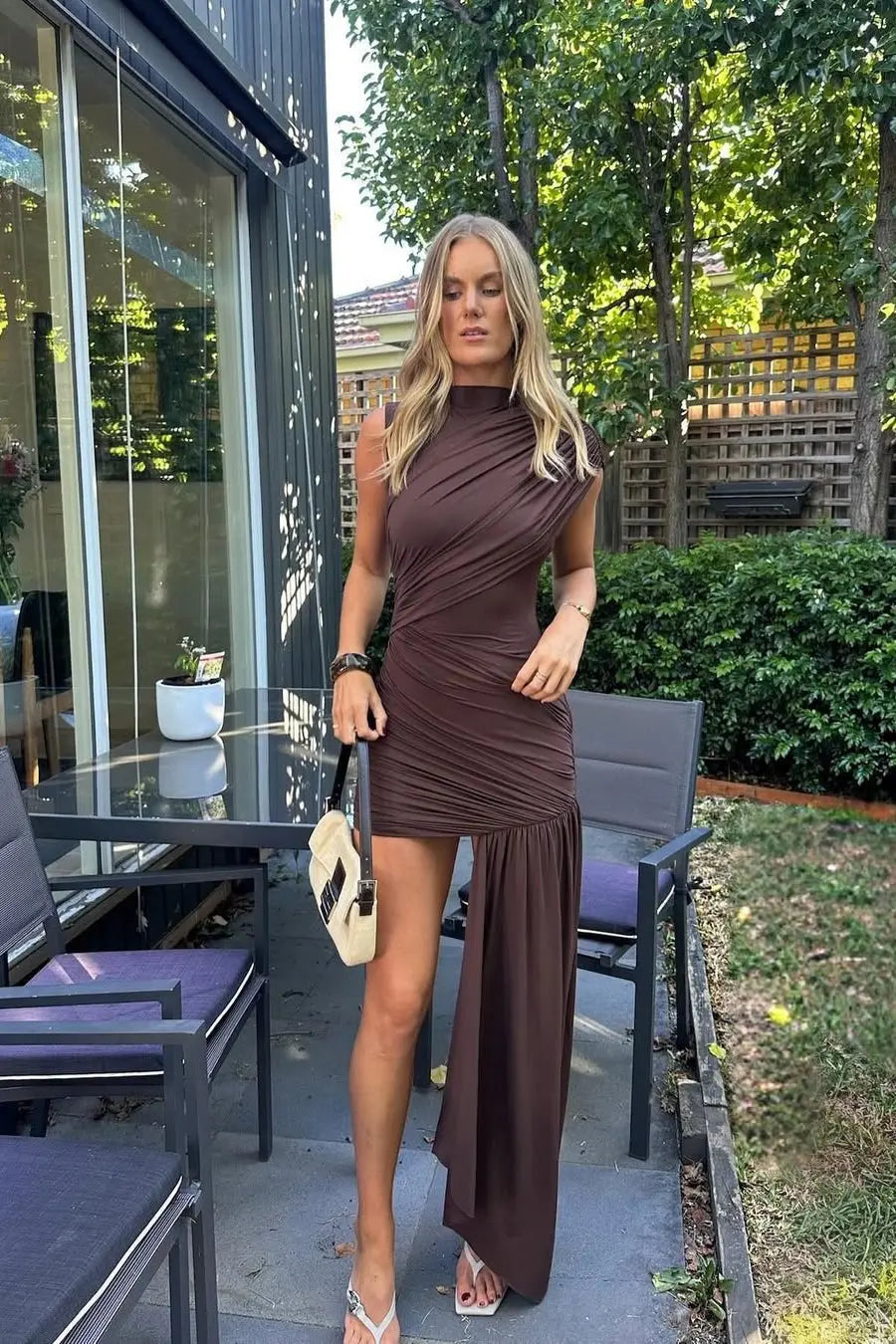 Brown High Neck Ruched Draped Mini Dress TARHUS  Dress