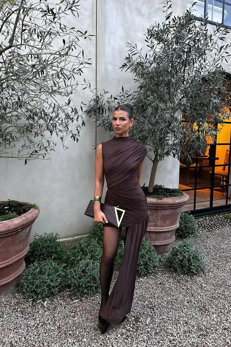 Brown High Neck Ruched Draped Mini Dress TARHUS  Dress