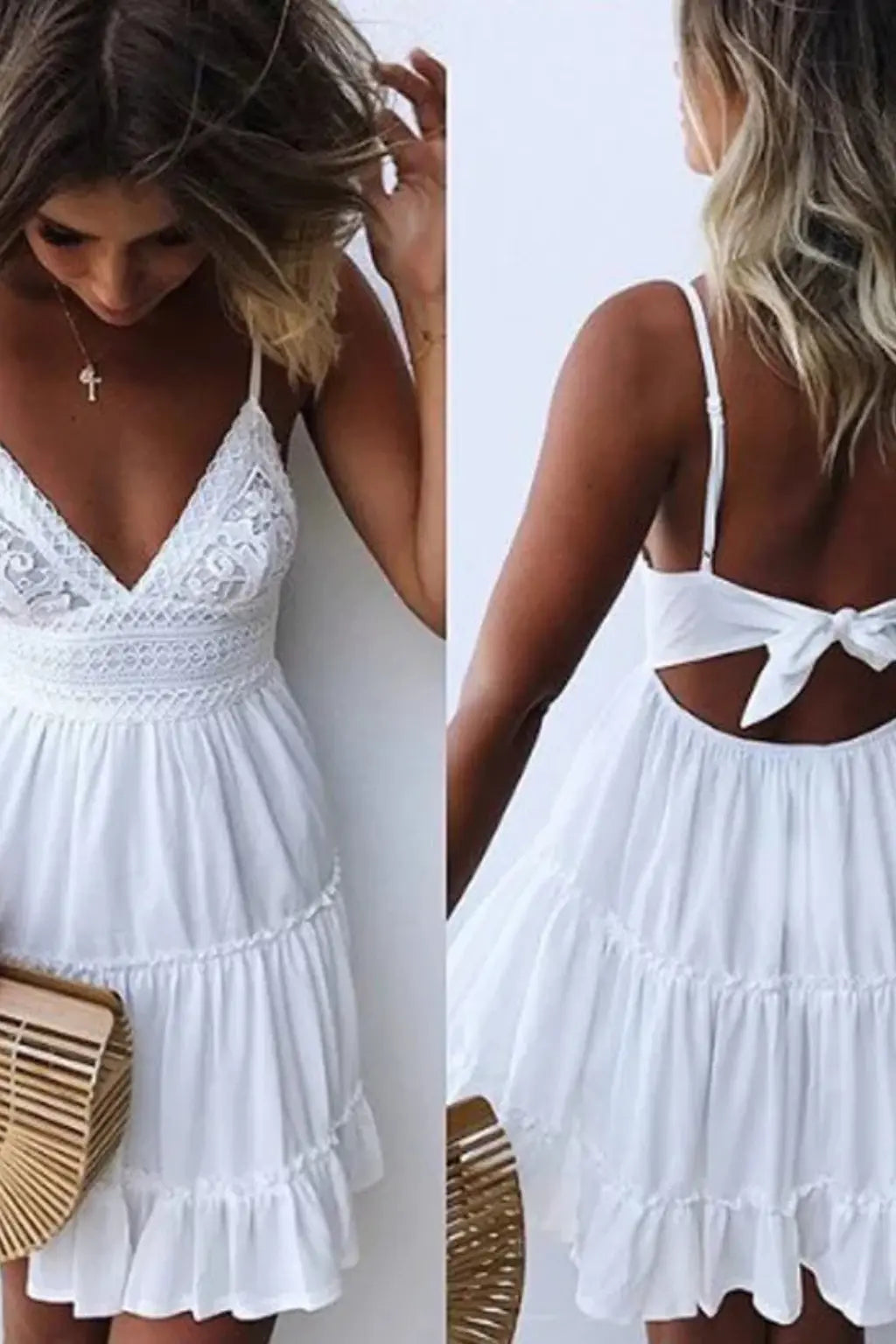 Freja | Women’s White Lace Summer Midi Dress with Spaghetti Straps & Open Back TARHUS