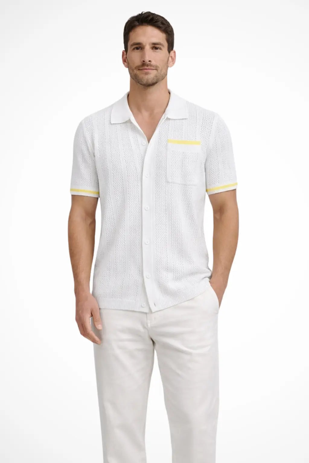 Finlay | Men Short Sleeve Camp Collar Button Front Openwork Knit Shirt with Contrast Trim TARHUS  Shirts