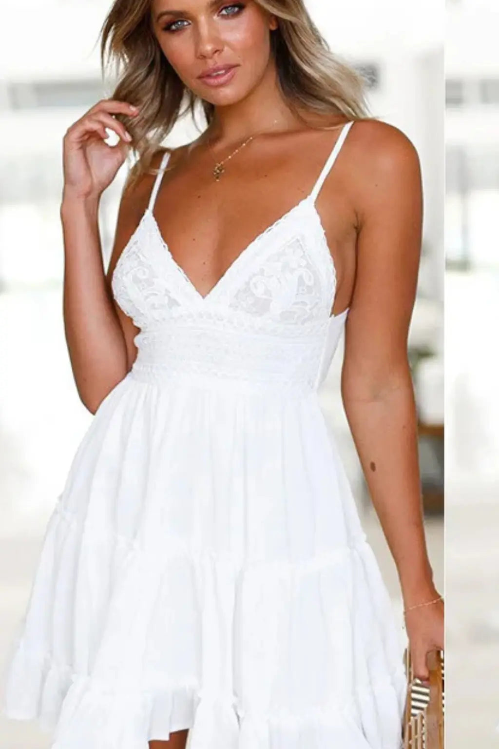 Freja | Women’s White Lace Summer Midi Dress with Spaghetti Straps & Open Back TARHUS