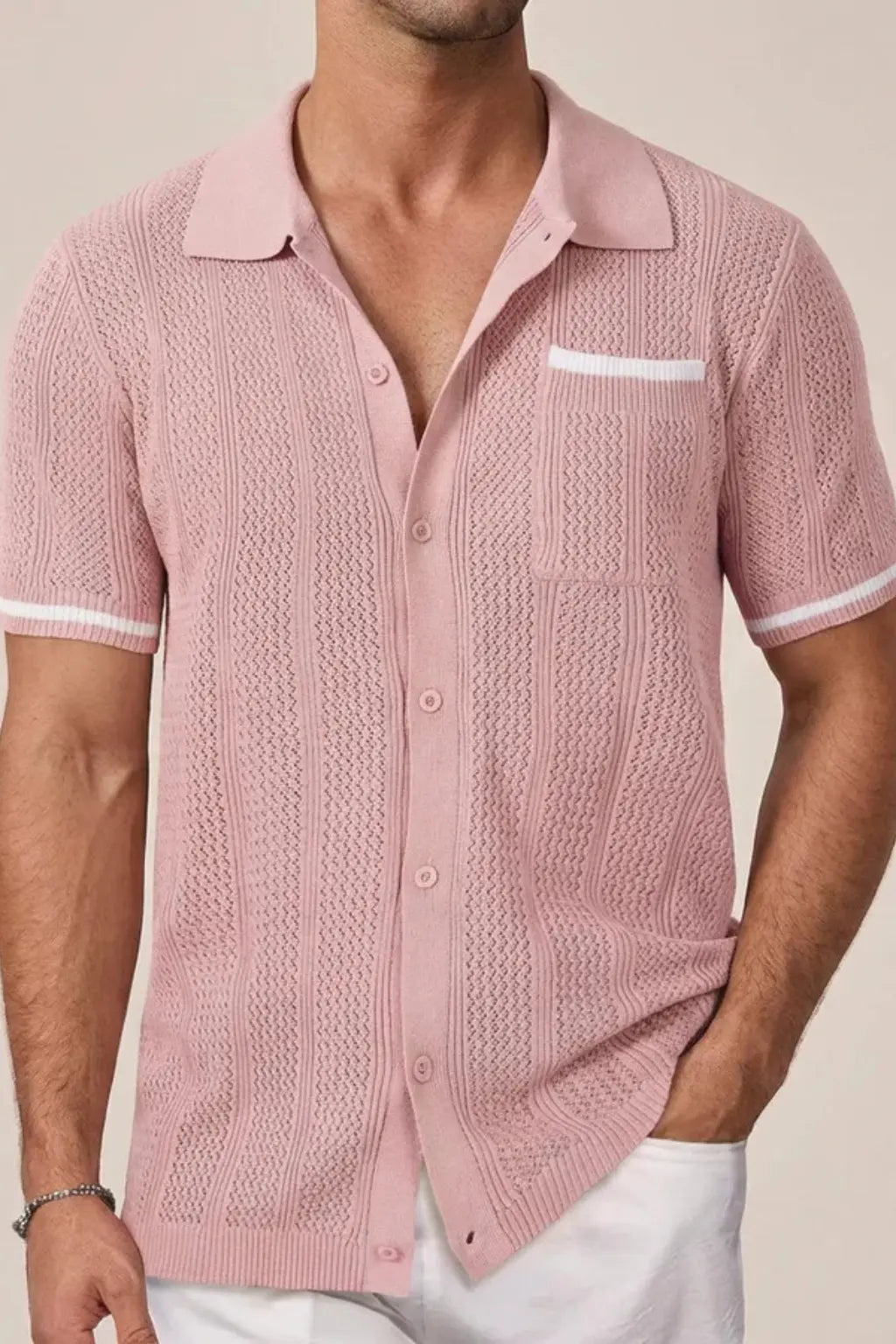 Finlay | Men Short Sleeve Camp Collar Button Front Openwork Knit Shirt with Contrast Trim TARHUS  Shirts