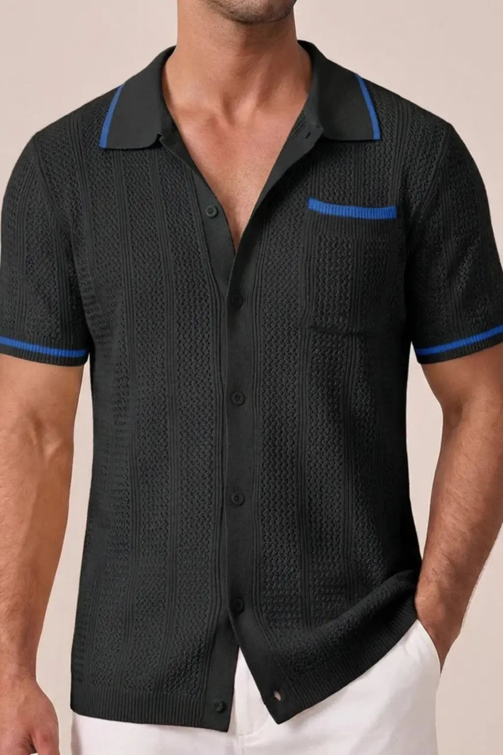Finlay | Men Short Sleeve Camp Collar Button Front Openwork Knit Shirt with Contrast Trim TARHUS  Shirts