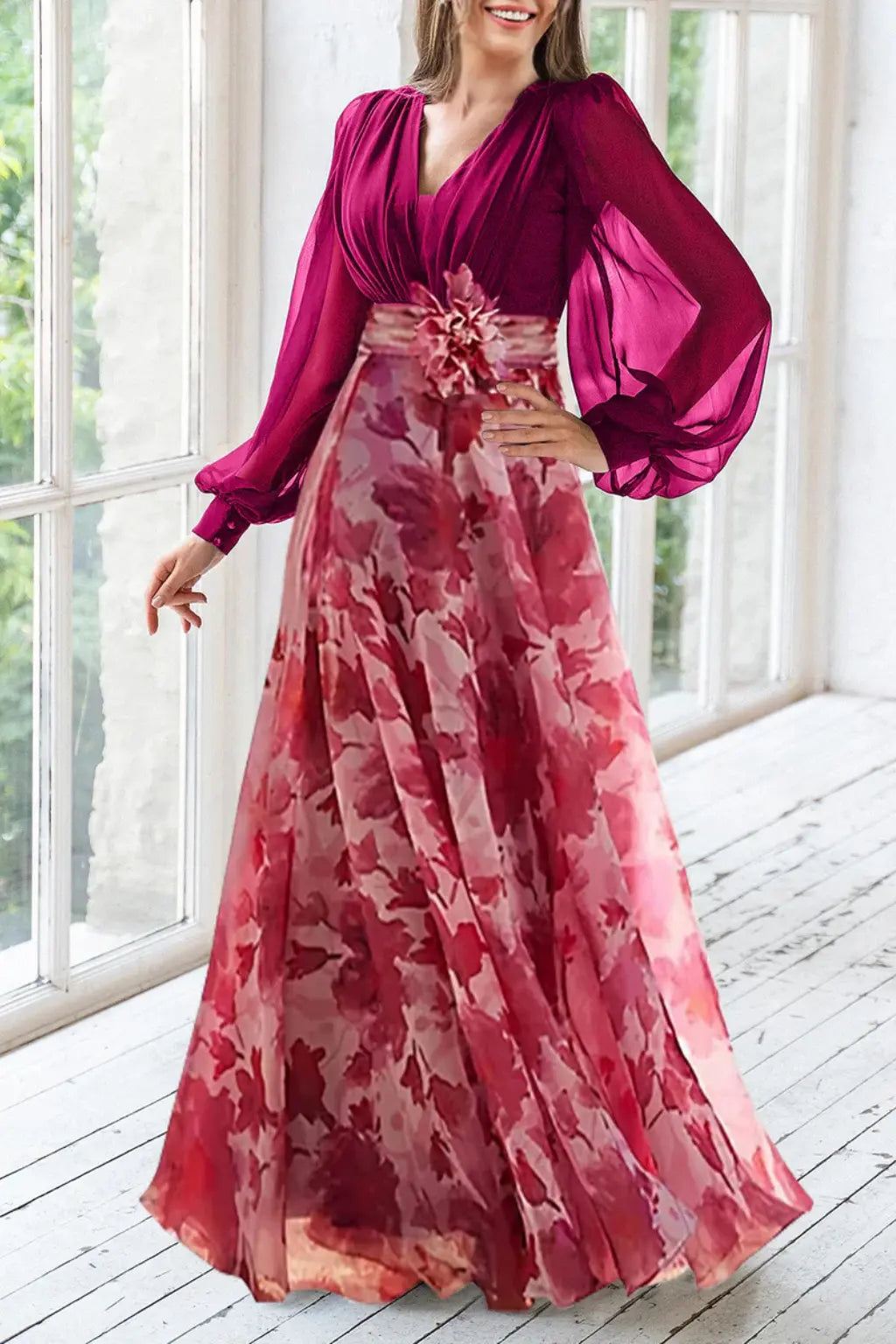 Valentina | Women V Neck Balloon Sleeve Floral Print Maxi Wedding Guest Dress TARHUS  Mother of the Bride Dresses