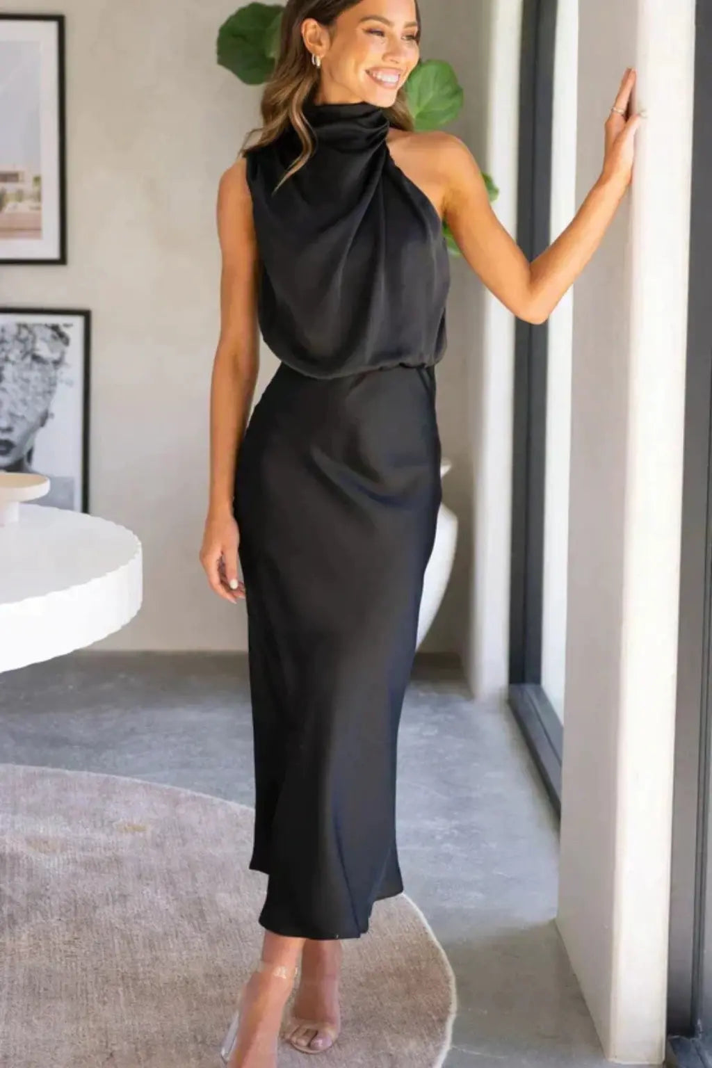 Amelina | Women Halter Neck Midi Dress Satin Wedding Guest Dress TARHUS