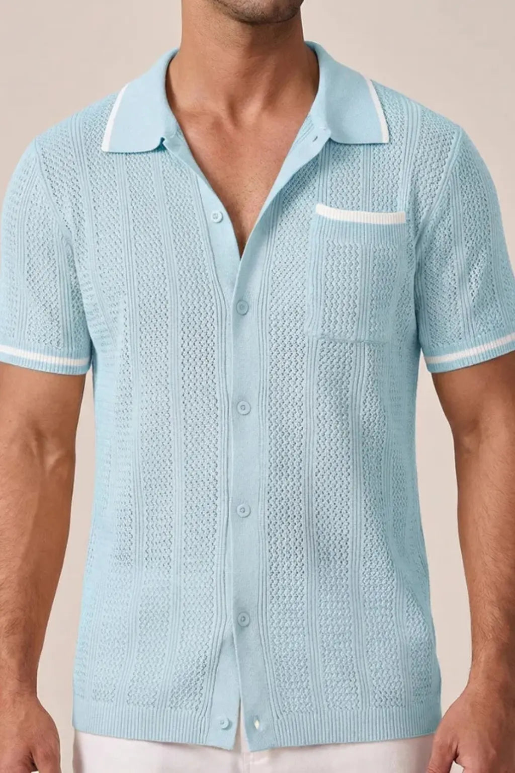 Finlay | Men Short Sleeve Camp Collar Button Front Openwork Knit Shirt with Contrast Trim TARHUS  Shirts