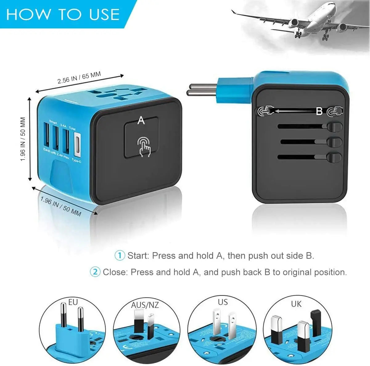 All-in-One Universal Travel Adapter – Worldwide Power Plug Converter with USB Ports for UK, EU, US, AU Outlets - TARHUS