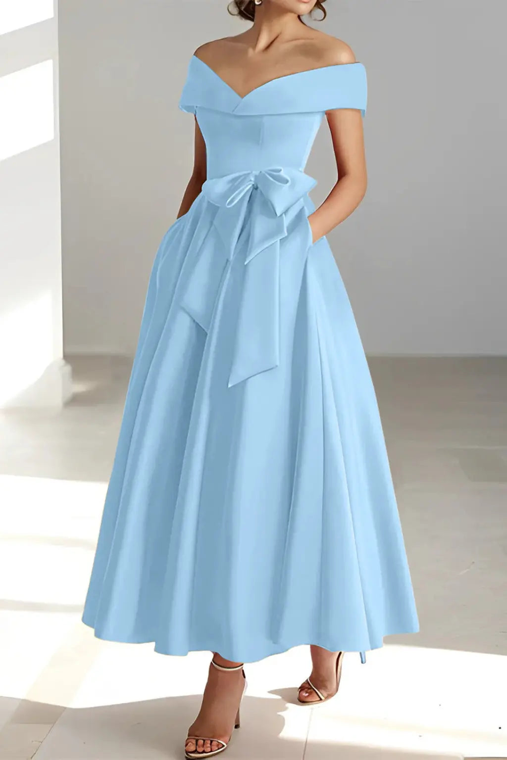 Arabella | Women Off Shoulder Bow Waist A Line Midi Wedding Guest Dress TARHUS  Mother of the Bride Dresses