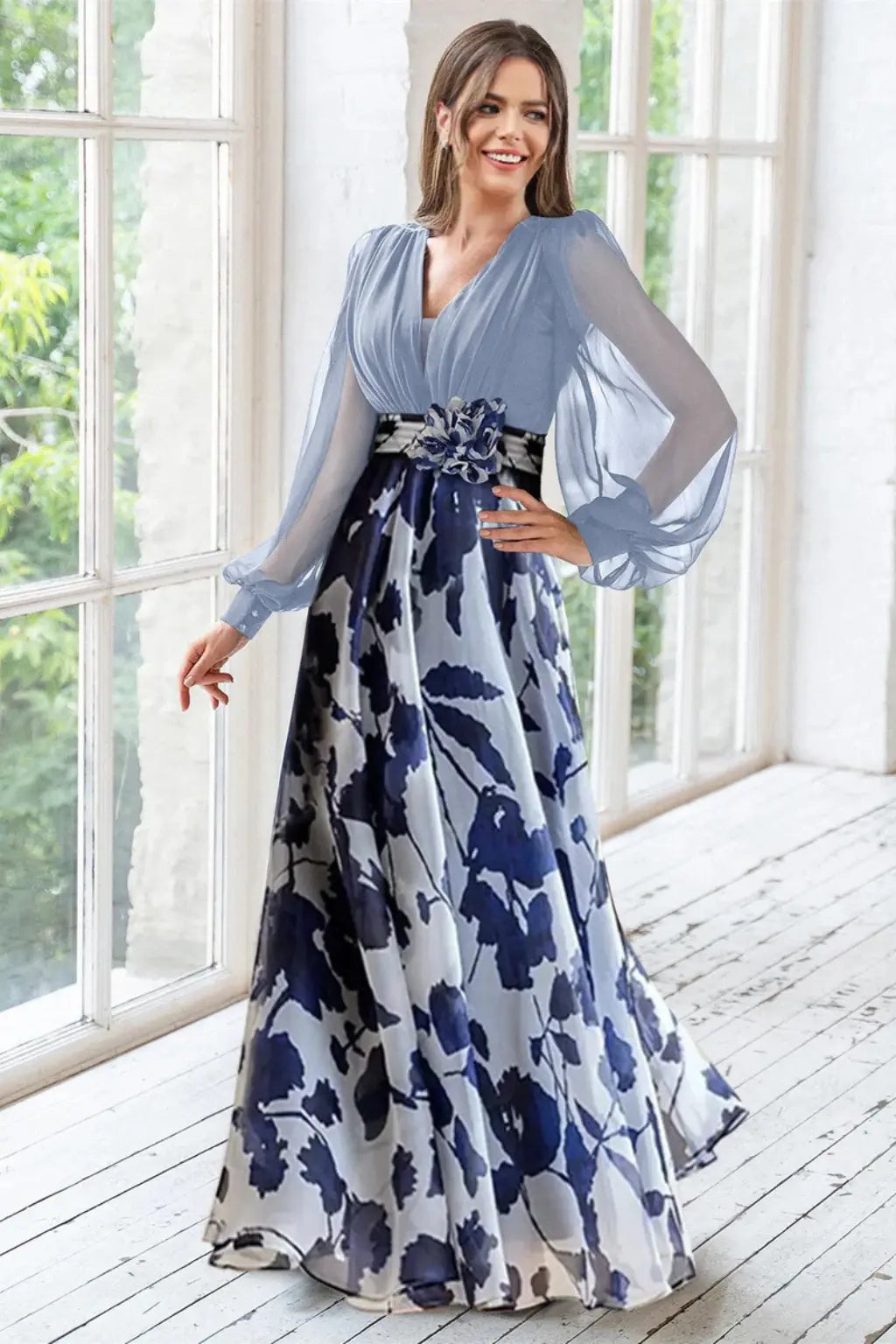 Valentina | Women V Neck Balloon Sleeve Floral Print Maxi Wedding Guest Dress TARHUS  Mother of the Bride Dresses