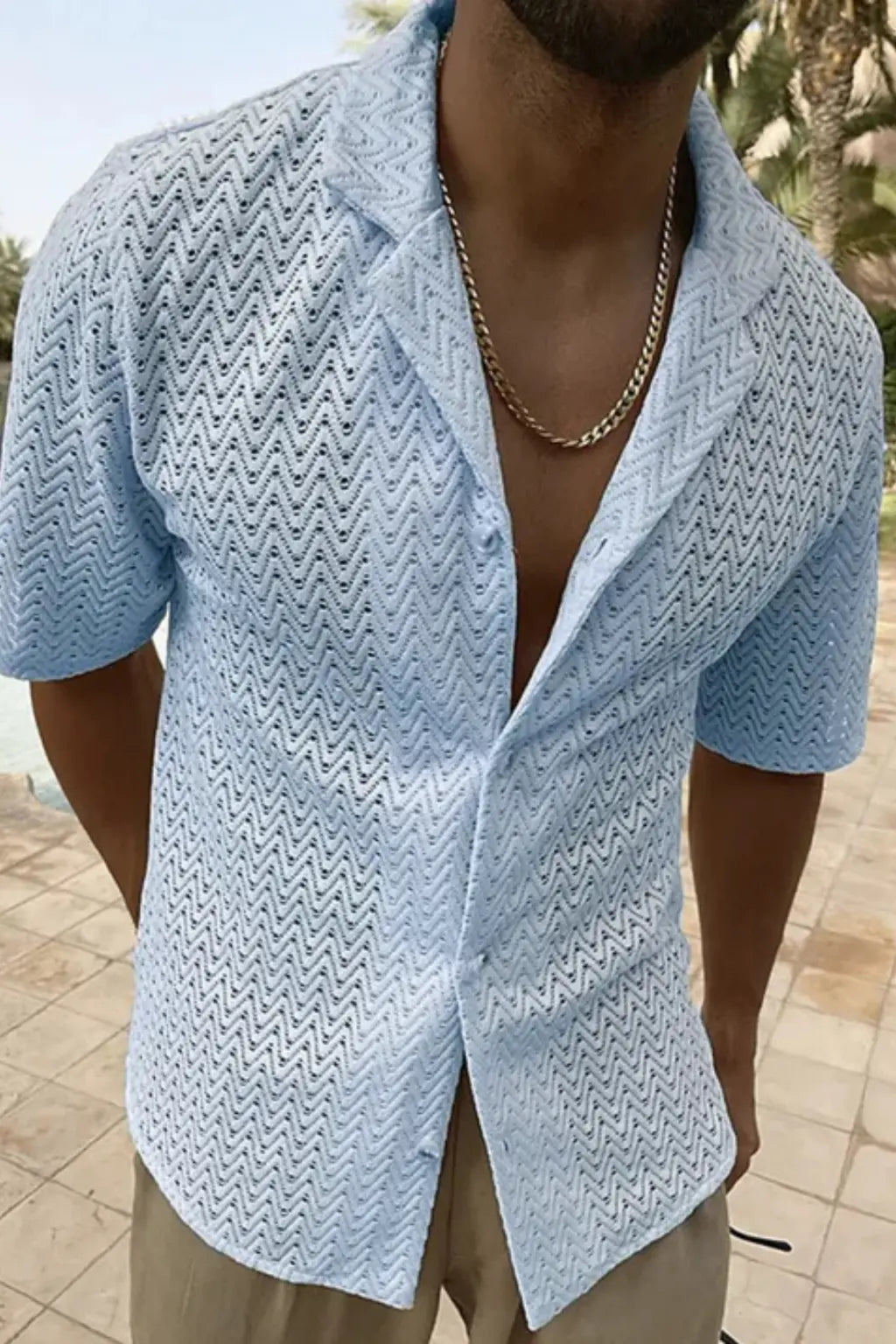 Solano | Men Short Sleeve Open Collar Chevron Textured Summer Shirt TARHUS  Men > Tops