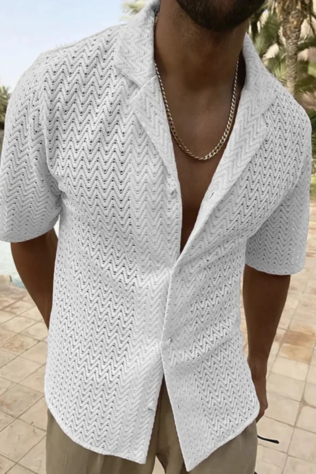 Solano | Men Short Sleeve Open Collar Chevron Textured Summer Shirt TARHUS  Men > Tops