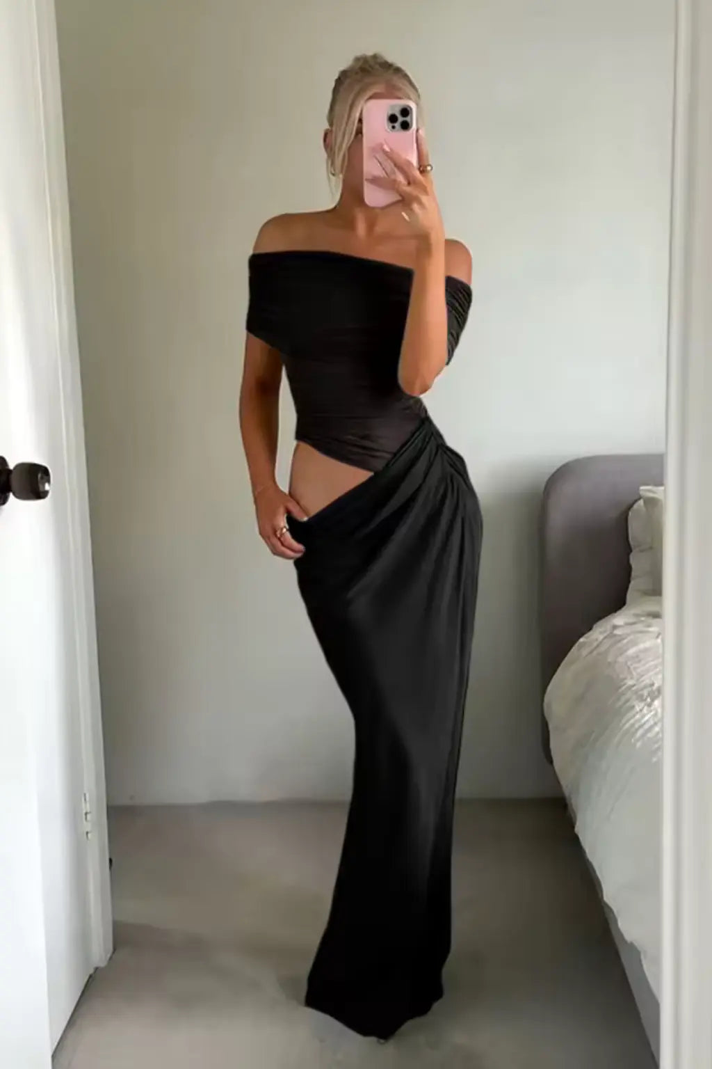 Rhiannon | Women Ruched Off Shoulder Wedding Guest Maxi Dress with Cut Out Detail TARHUS