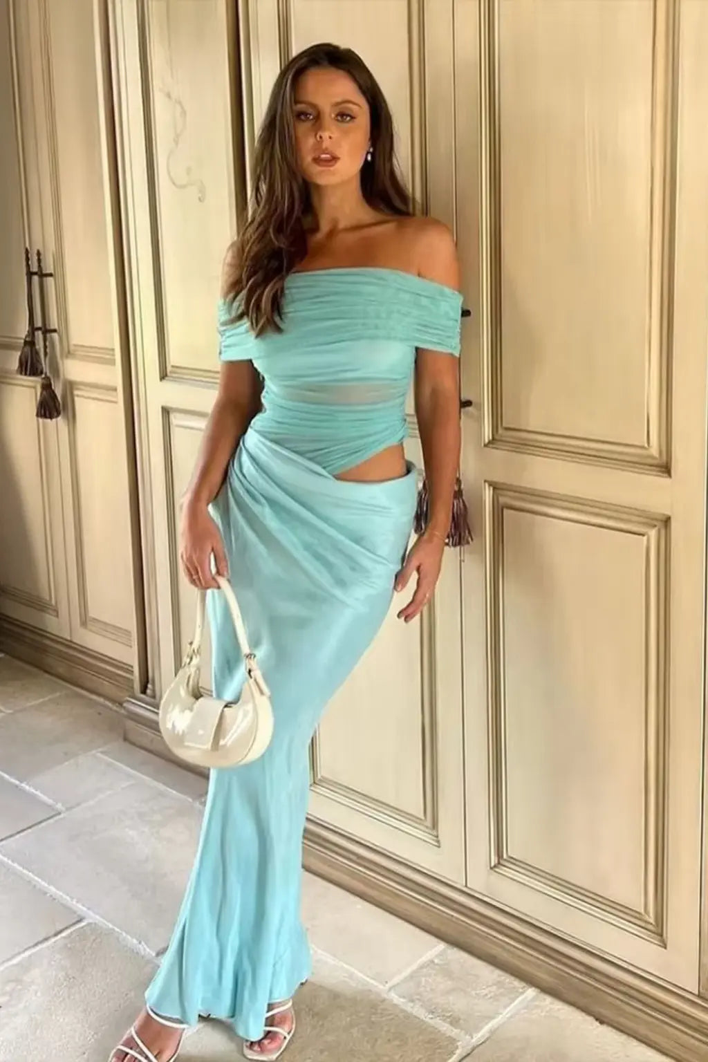 Rhiannon | Women Ruched Off Shoulder Wedding Guest Maxi Dress with Cut Out Detail TARHUS