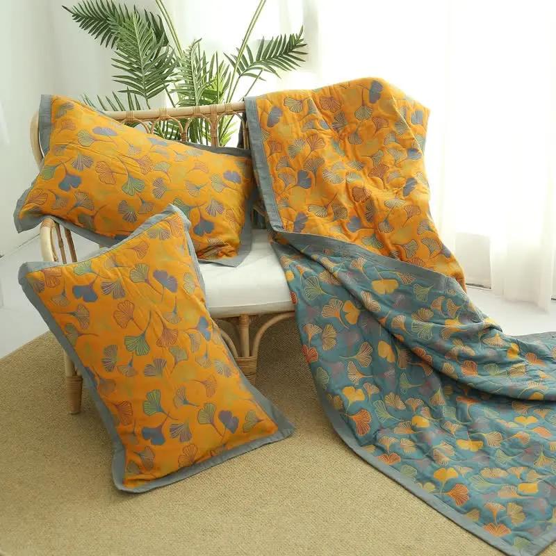 Ginkgo Leaf Pattern Cotton Reversible Quilt - TARHUS