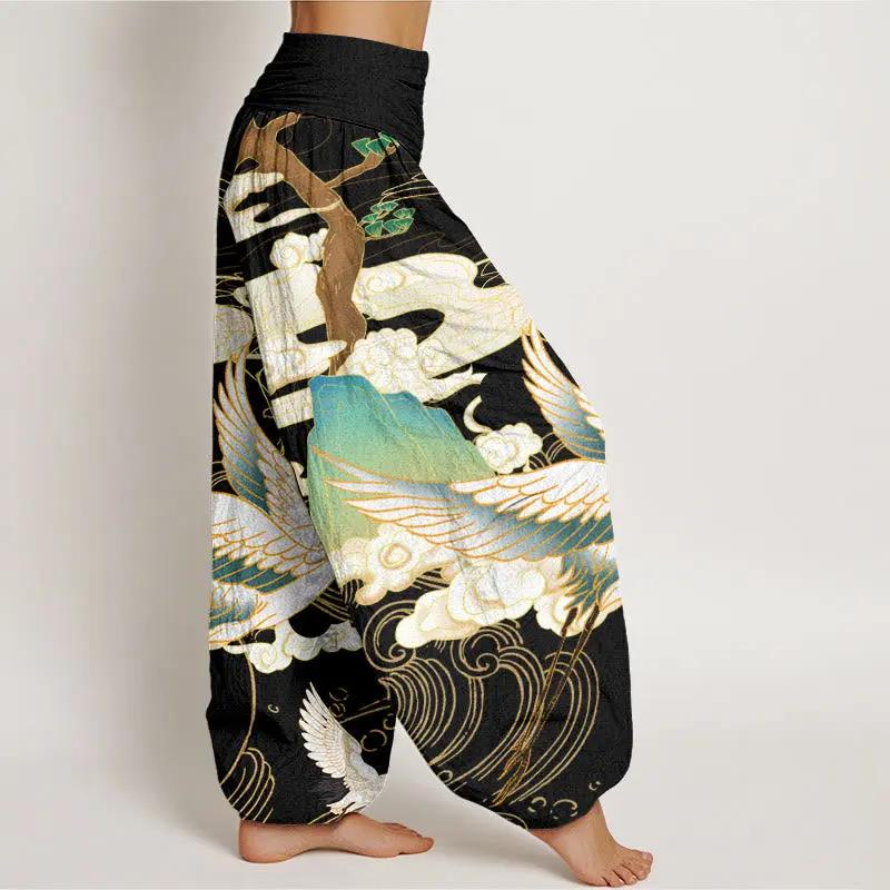 Buddha Stones Flying Cranes Auspicious Clouds Tree women's Elastic Waist Harem Pants - TARHUS