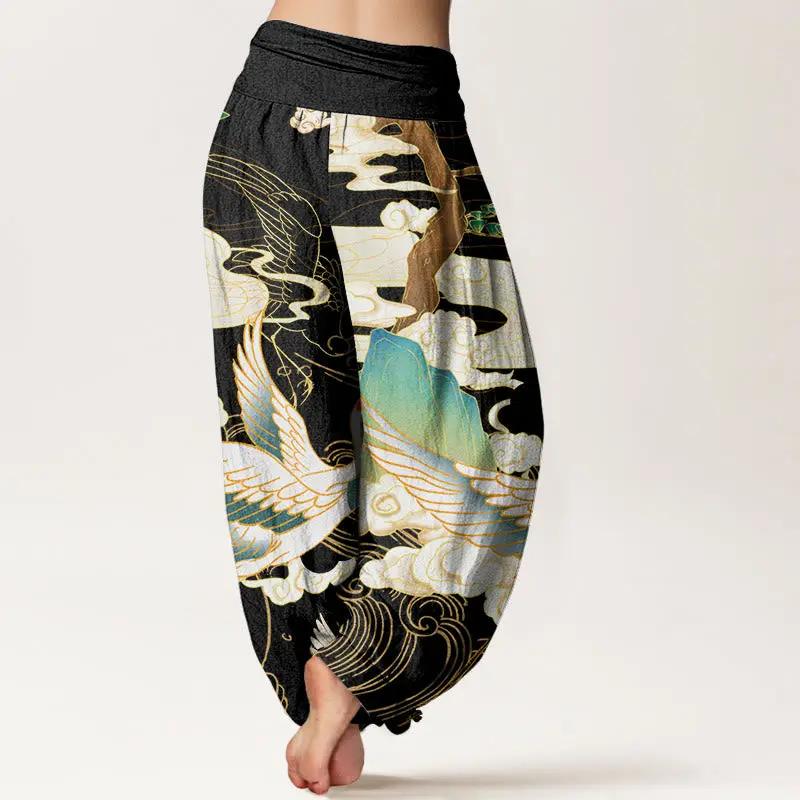 Buddha Stones Flying Cranes Auspicious Clouds Tree women's Elastic Waist Harem Pants - TARHUS