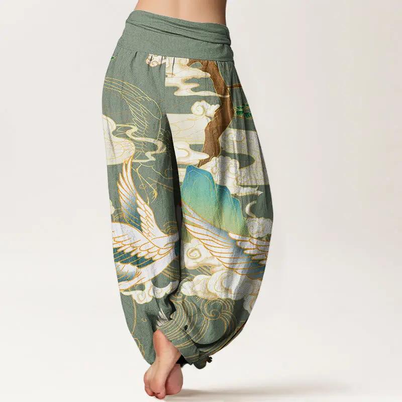 Buddha Stones Flying Cranes Auspicious Clouds Tree women's Elastic Waist Harem Pants - TARHUS