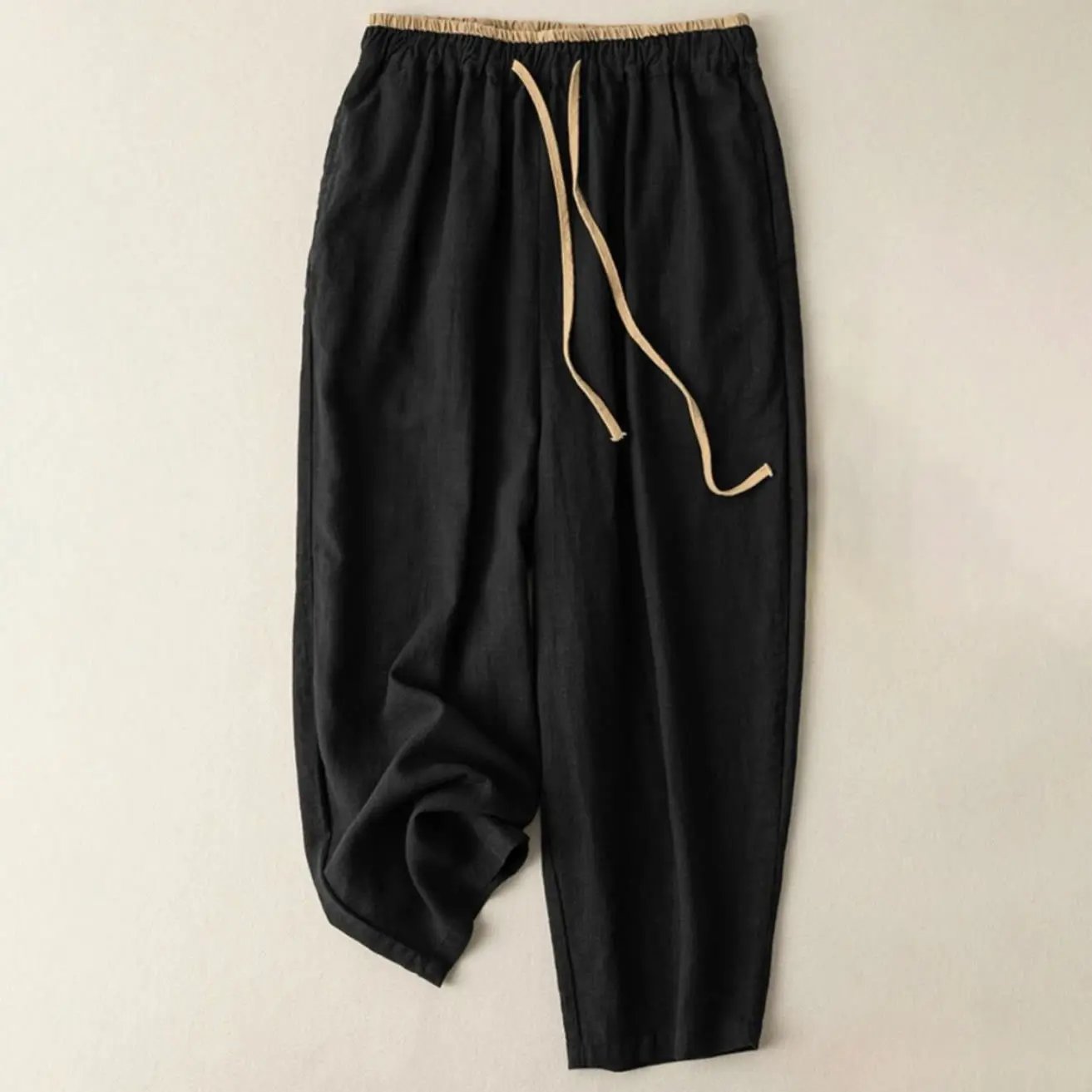 Buddha Stones Casual Solid Color Cotton Linen Drawstring Women's Pants With Pockets - TARHUS