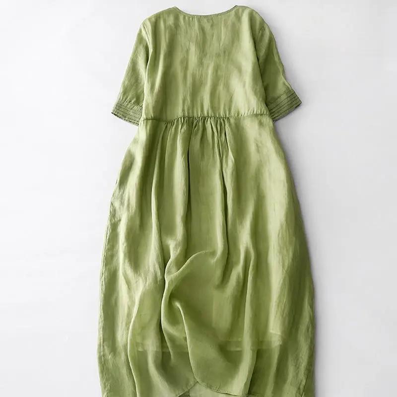 Buddha Stones Casual Accordion Pleat Plain V-neck Short Sleeve Cotton Midi Dress With Pockets - TARHUS