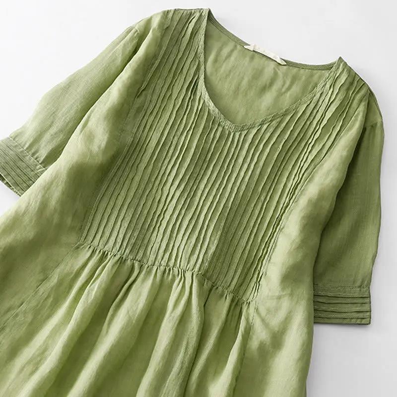 Buddha Stones Casual Accordion Pleat Plain V-neck Short Sleeve Cotton Midi Dress With Pockets - TARHUS