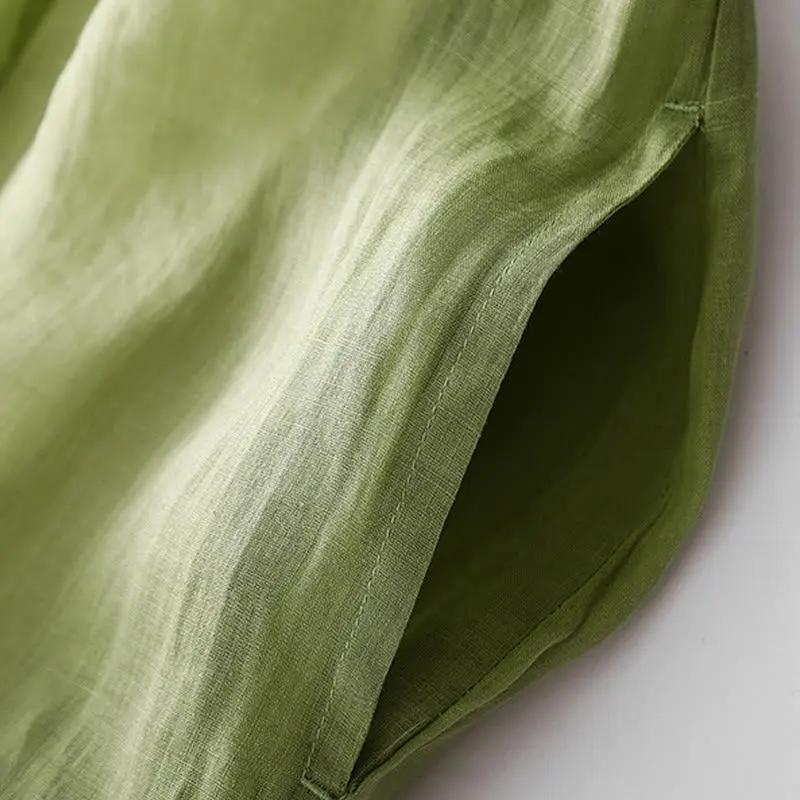 Buddha Stones Casual Accordion Pleat Plain V-neck Short Sleeve Cotton Midi Dress With Pockets - TARHUS