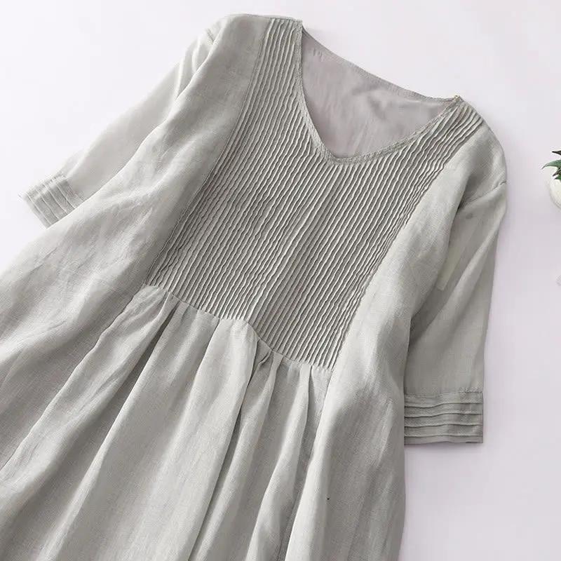 Buddha Stones Casual Accordion Pleat Plain V-neck Short Sleeve Cotton Midi Dress With Pockets - TARHUS