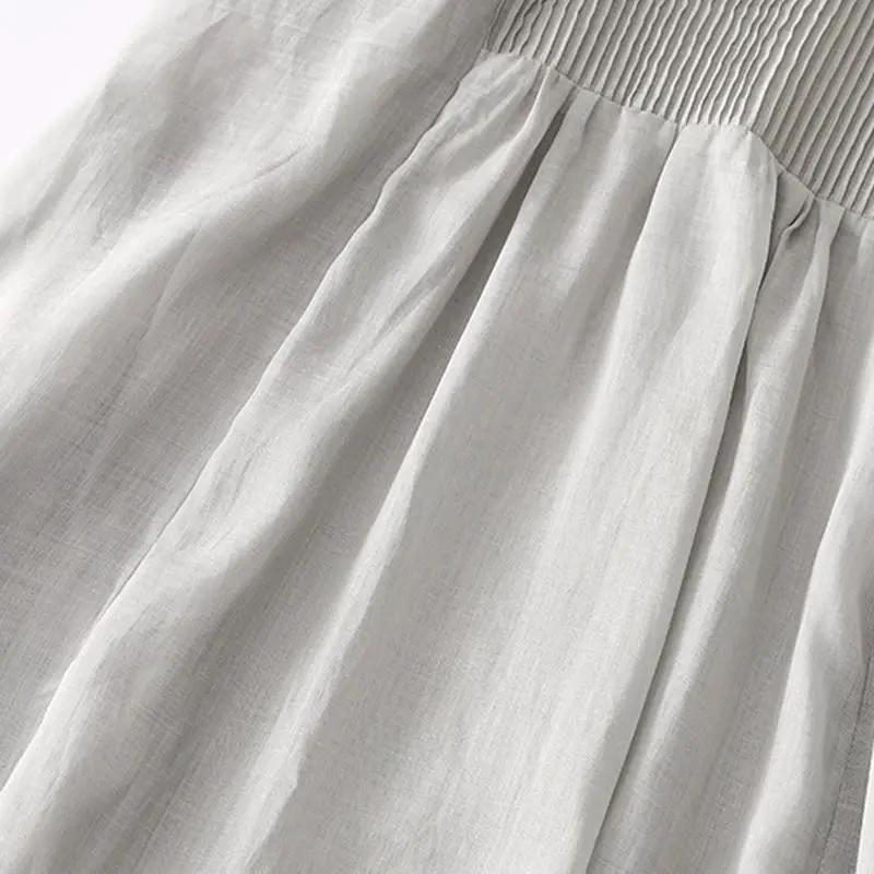 Buddha Stones Casual Accordion Pleat Plain V-neck Short Sleeve Cotton Midi Dress With Pockets - TARHUS