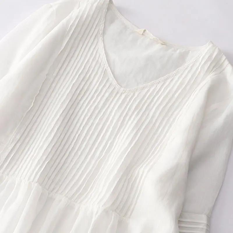 Buddha Stones Casual Accordion Pleat Plain V-neck Short Sleeve Cotton Midi Dress With Pockets - TARHUS