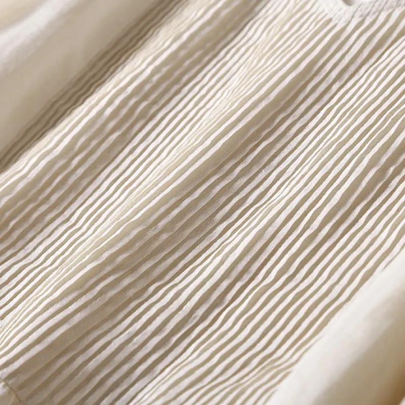 Buddha Stones Casual Accordion Pleat Plain V-neck Short Sleeve Cotton Midi Dress With Pockets - TARHUS