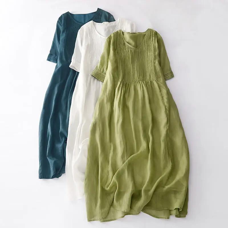 Buddha Stones Casual Accordion Pleat Plain V-neck Short Sleeve Cotton Midi Dress With Pockets - TARHUS