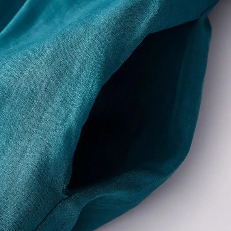 Buddha Stones Casual Accordion Pleat Plain V-neck Short Sleeve Cotton Midi Dress With Pockets - TARHUS