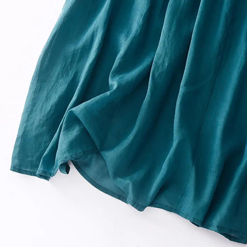 Buddha Stones Casual Accordion Pleat Plain V-neck Short Sleeve Cotton Midi Dress With Pockets - TARHUS