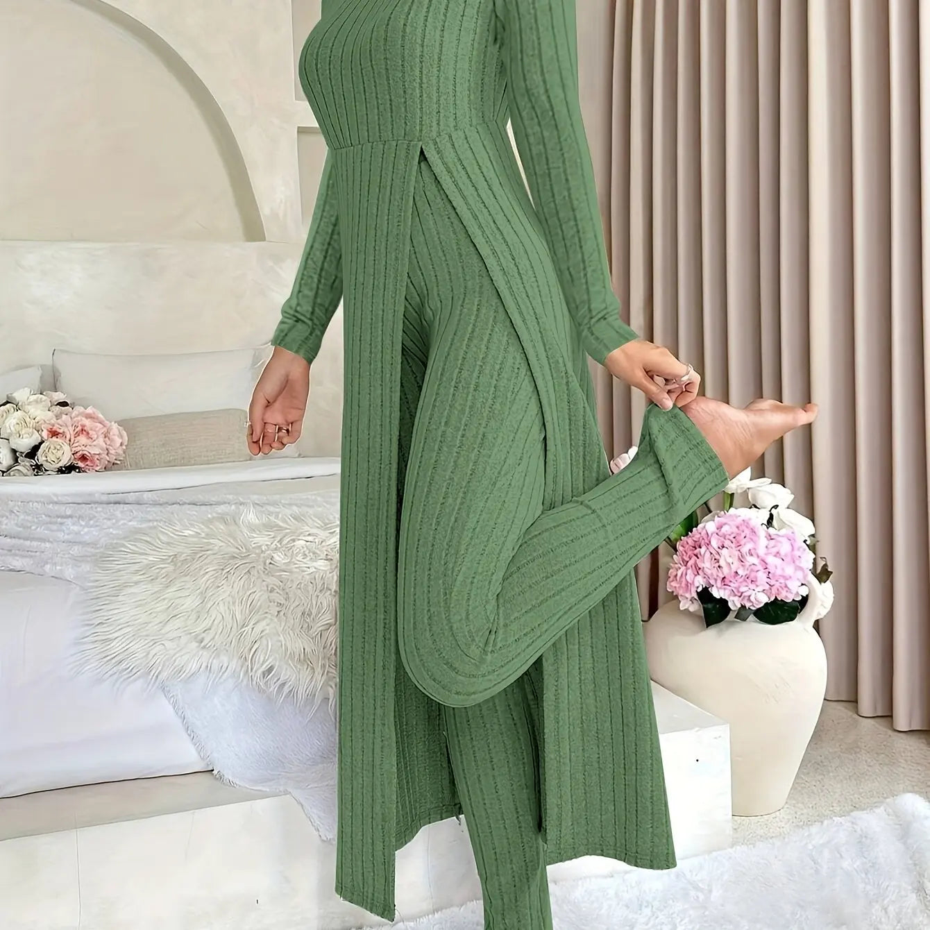 Women's Ribbed Lounge Set – Long Sleeve Top & Pants Two-Piece Outfit - TARHUS