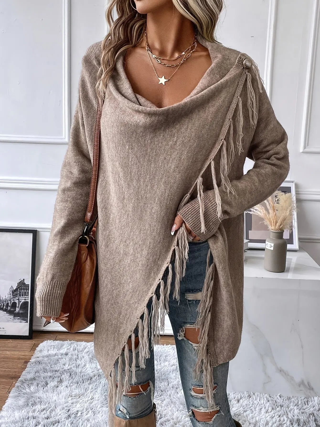 Women’s Knit Cardigan Shawl with Tassel Fringe – Draped Collar for All Seasons - TARHUS