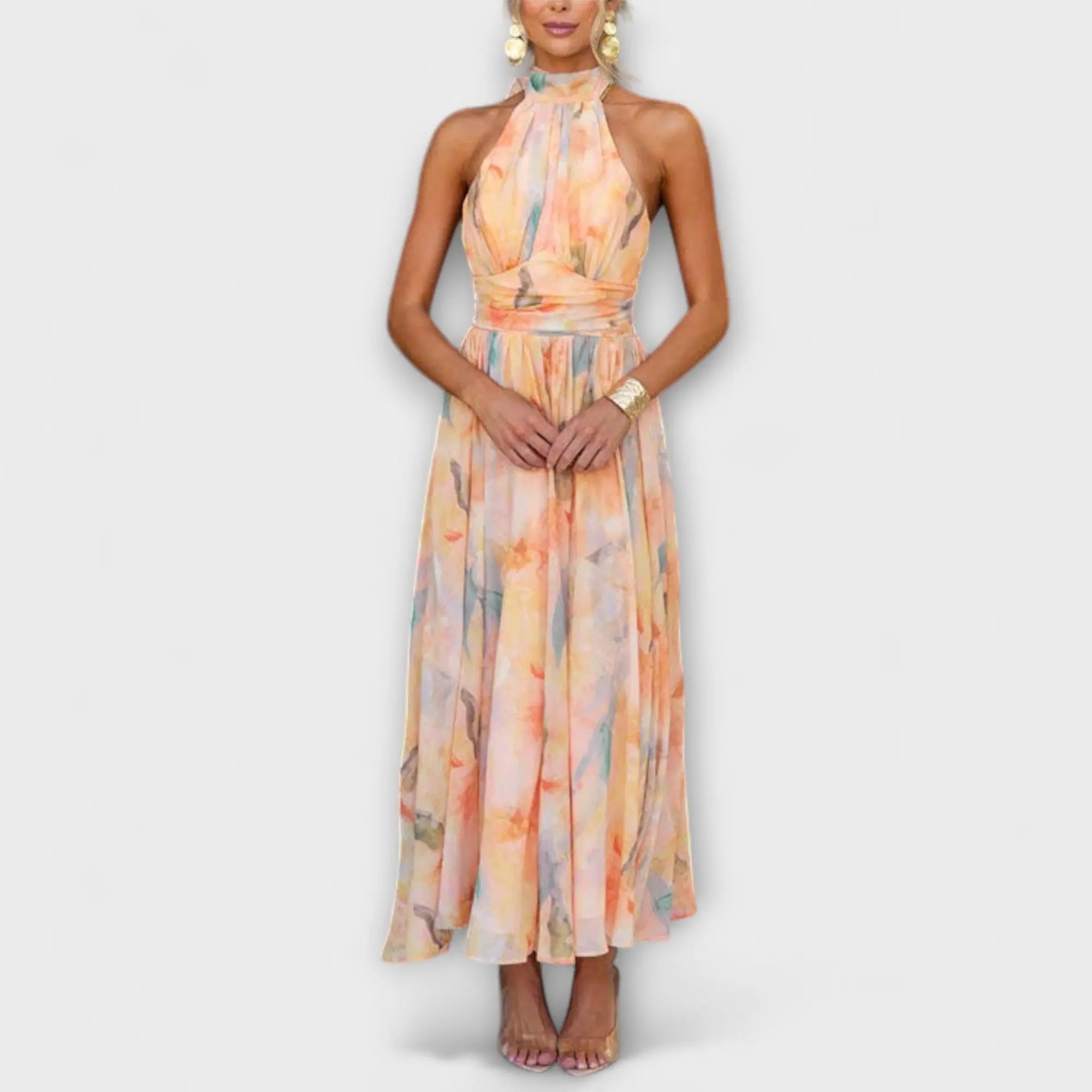 Neck Open Back Waist Watercolour Print Maxi Dress - TARHUS