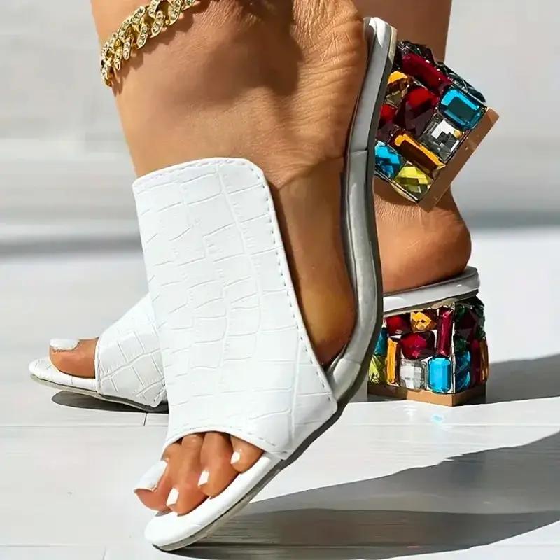 Gemure Crystal Block Heel Sandals - Chic Summer Sandals with Colorful Gem Heel - TARHUS