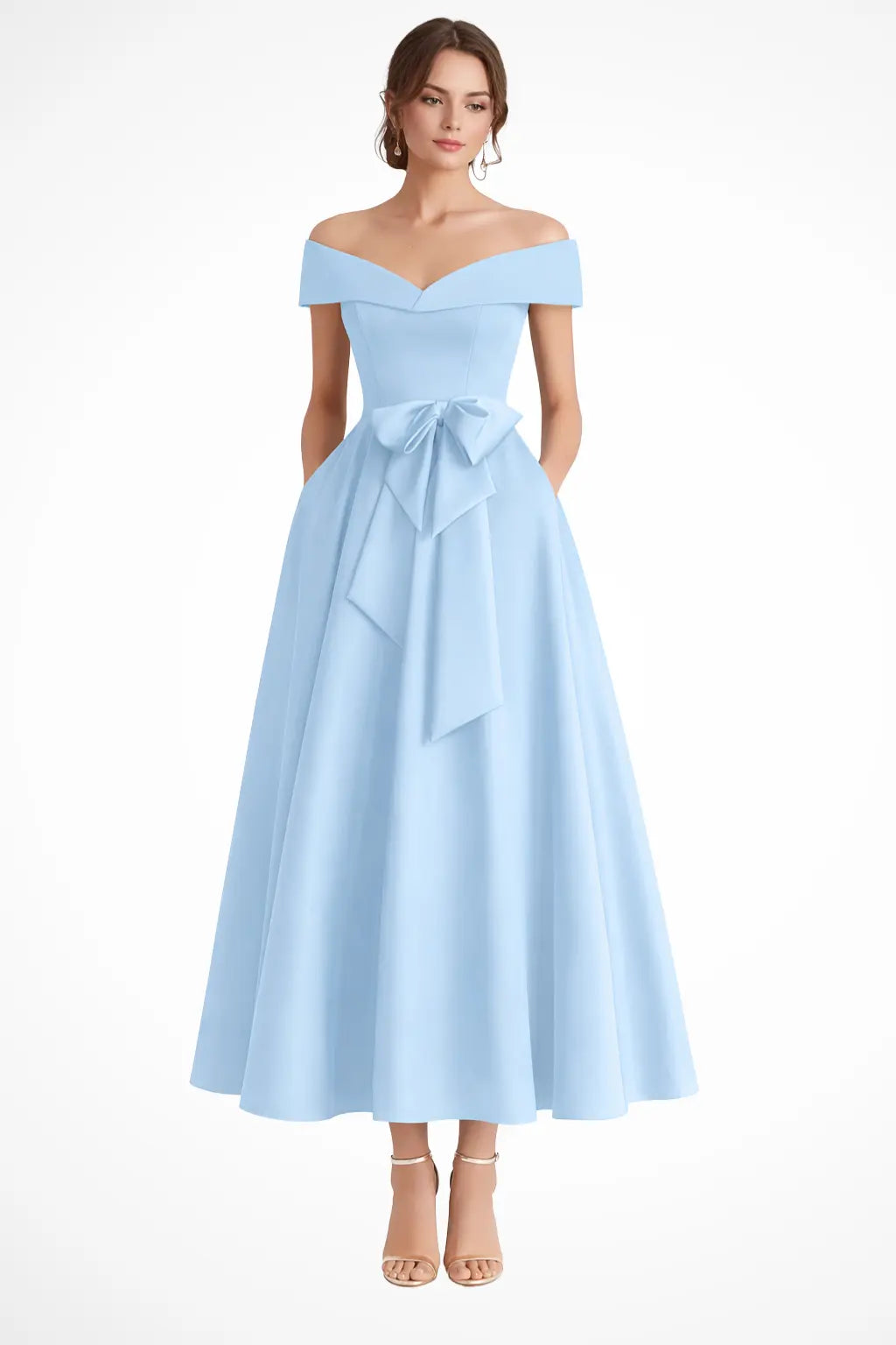 Arabella | Women Off Shoulder Bow Waist A Line Midi Wedding Guest Dress TARHUS  Mother of the Bride Dresses