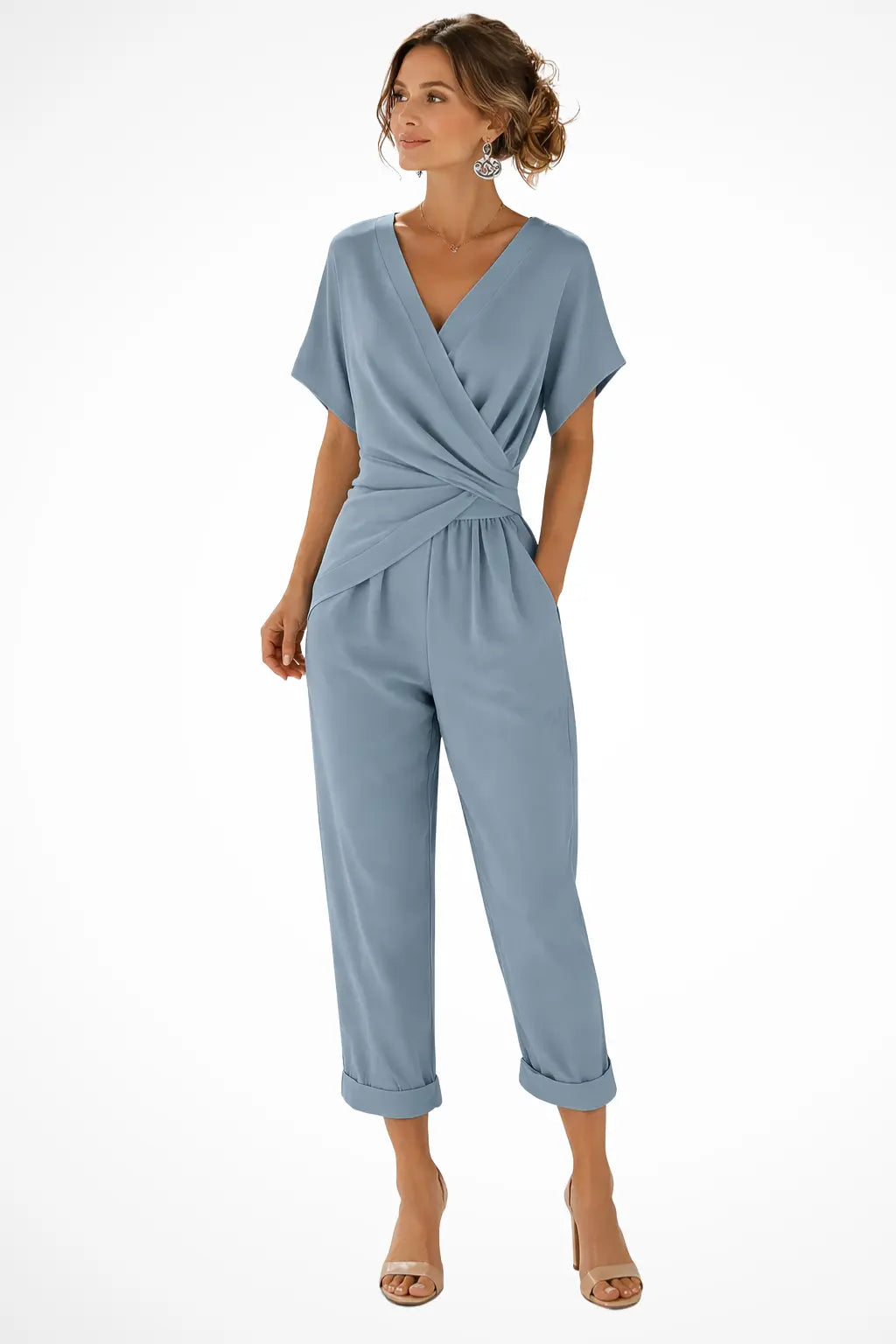 Celeste | Women Wrap Front Short Sleeve Cropped Jumpsuit with Pockets TARHUS  Kleider & Jumpsuits